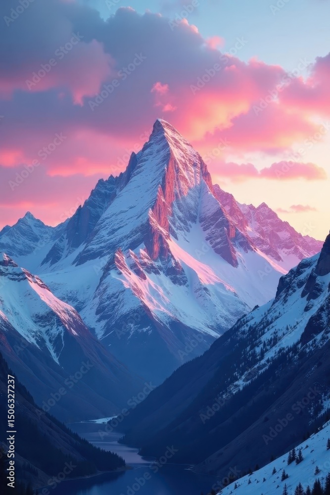 Fototapeta premium Pink sunrise illuminates a majestic snow mountain range , adventure, crisp
