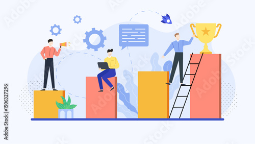 Three men working on a project to reach a goal. Suitable for teamwork, success, business planning, collaboration, goalsetting, and accomplishment concepts.