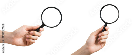 Hand holding magnifying glass isolated on white background.