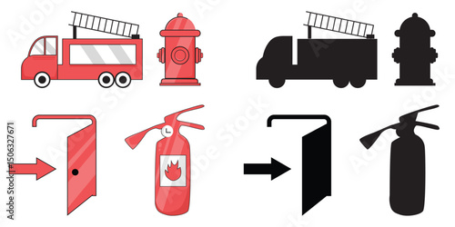 A collection of vector fire safety icons, consisting of fire trucks, fire extinguishers and professional emergency evacuation symbols.