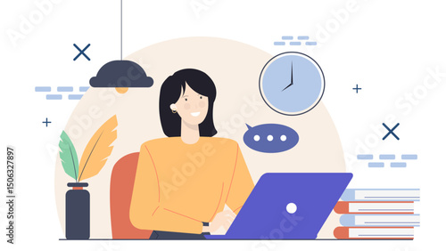 Woman working on a laptop, suitable for business websites, remote work blogs, freelancing articles, technology presentations, and digital lifestyle designs.