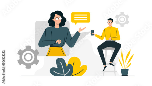 Woman in glasses explaining to man with phone, ideal for business communication, technology concepts, online learning, and teamwork illustrations.