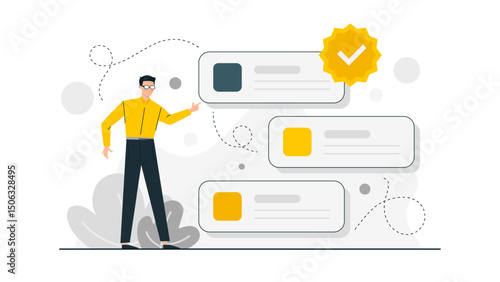 Man pointing to gold star checklist, suitable for success, achievement, goals, completion, organization, task completion, accomplishments, progress tracking concepts.