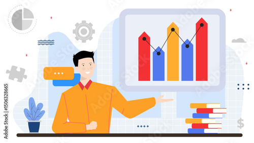 Man presenting colorful bar chart. Suitable for business presentations, data analysis reports, marketing materials, educational content on statistics.
