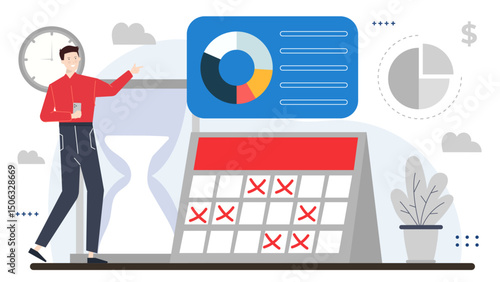 Man near calendar with red Xs. Suitable for time management, deadlines, scheduling, planning concept designs for businesses, personal development.