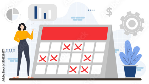 Woman using calendar to track progress, scheduling appointments, setting goals. Suitable for time management, planning, organization, goal setting concepts.