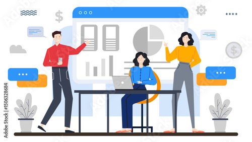 Business meeting with three colleagues discussing work in an office setting. Suitable for business presentations or teamwork concepts.