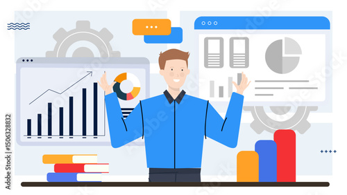Man showcases data using various graphs and charts, ideal for business presentations, financial reports, statistical analysis, and educational materials.