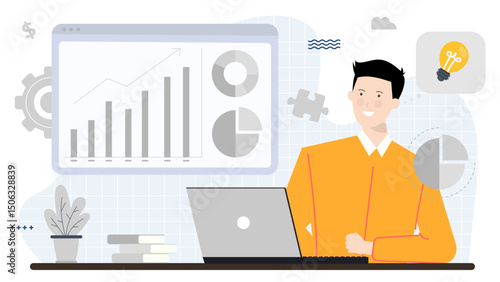 Man contemplating light bulb over laptop graphs, ideal for business ideas, creativity, brainstorming, innovation concepts, problem solving content, and entrepreneurship.
