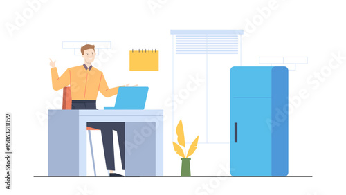 Man working at desk with laptop suitable for depicting modern office work, remote work, technology, freelance, studying, and business concepts.