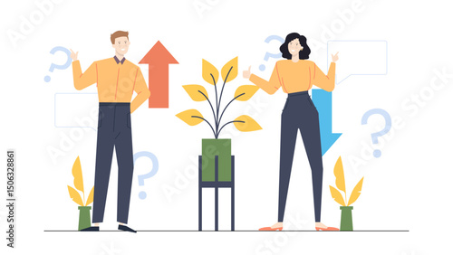 Two people holding plants and question marks, suitable for gardening and environmental concepts design projects and educational materials.