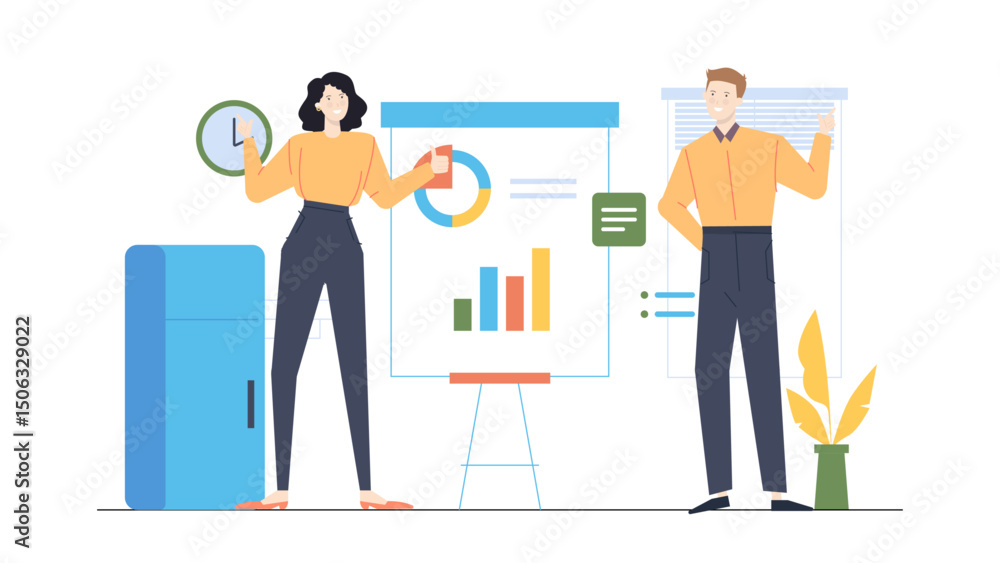 Fototapeta premium Two people presenting a pie chart and a bar graph, suitable for business presentations, financial reports, data analysis concepts.