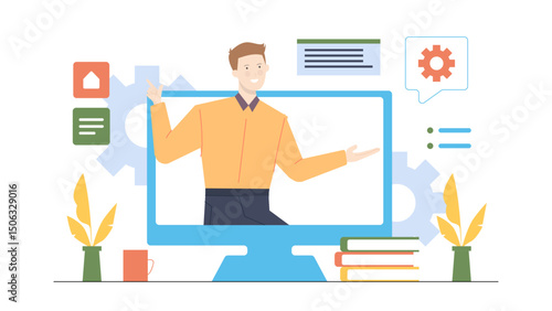 Man in computer screen points to a gear icon. Perfect for tech blog, software tutorials, online business concepts, virtual communication.