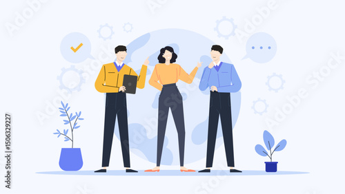 Three people posing against light blue background. Suitable for team concept, diversity, business team, corporate, group photo, teamwork theme.