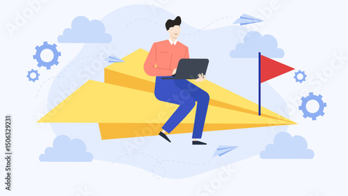 Man seated on paper airplane uses a laptop. Suitable for travel, technology, entrepreneurship, and creativity concepts in advertising and design projects.