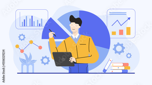 Man analyzing graphs, charts, and data on a laptop. Perfect for business presentations, analytics reports, and financial blog posts.