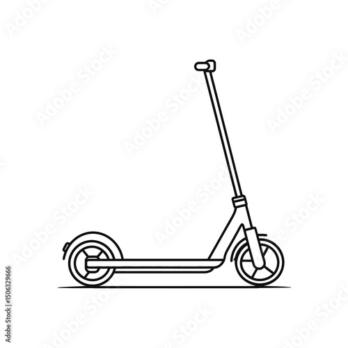 Simple black line illustrates a foldable push scooter with a transparent background on white