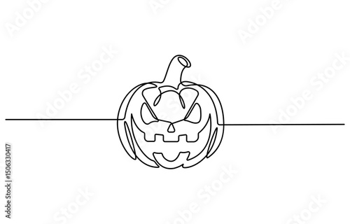 Halloween Pumpkin continuous single line drawing design, Halloween pumpkin with carved face in spooky line art style Vector Illustration.