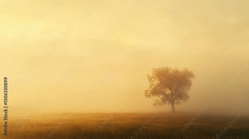 Obraz premium Misty Morning Landscape with Isolated Tree Surrounded by Soft Golden Light and Ethereal Fog, Captivating Nature Scene Evoking Tranquility and Serenity