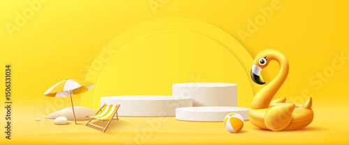 Summer podium display, Yellow flamingo inflatable swimming pool, beach umbrella, pile of sand, beach ball, banner design, on yellow background