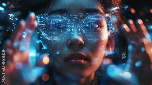 A cybernetic leader surrounded by floating digital ideas, AI-powered decision-making