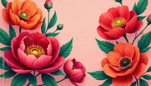 Wallpaper Mural Bold peony & poppy floral print, vibrant red & orange, flower design, floral print, design Torontodigital.ca