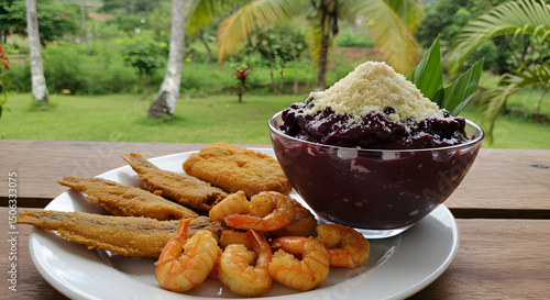 Delicious seafood platter with fried shrimp, fish fillets and an acai bowl, with a lush tropical garden in the background