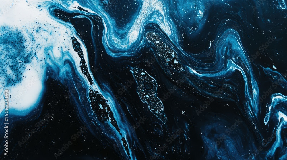 Obraz premium Abstract Fluid Art with Swirling Patterns in Deep Blue and Black Tones, Capturing the Essence of Ocean Waves and Cosmic Wonder in a Vibrant Design