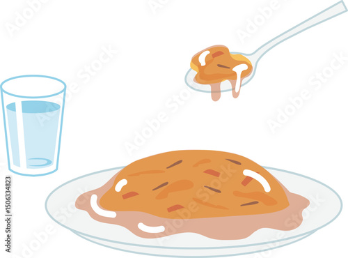 水と天津飯、食べかけのスプーンのベクターイラスト