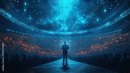 A motivational speaker addressing a massive glowing crowd in a futuristic stadium