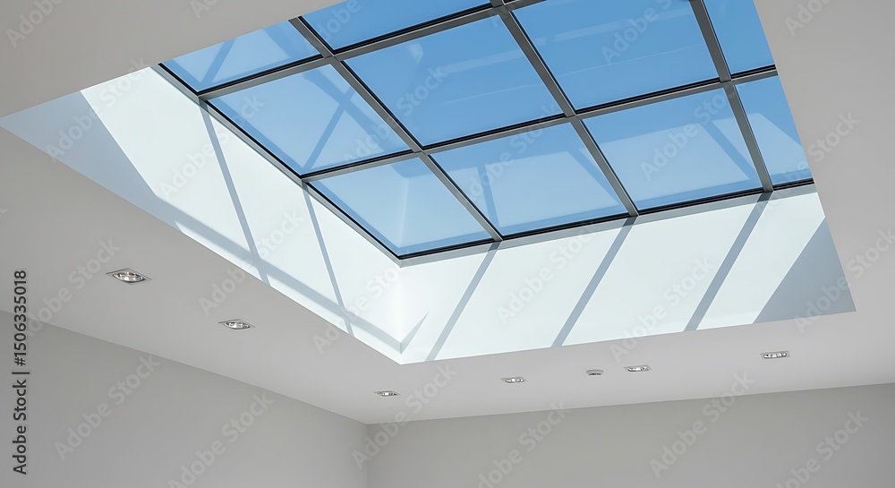 Fototapeta premium Glass window on the roof The white ceiling contrasts with the color of the sky.