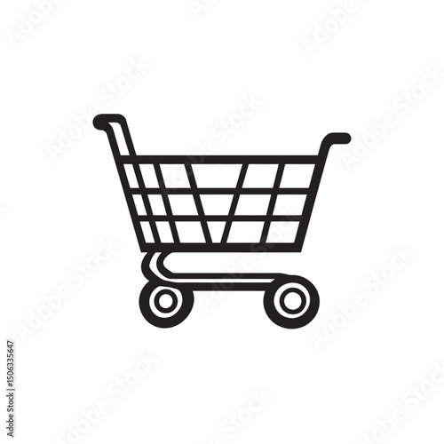 Simple black outline showcases a shopping cart on a white background representing market