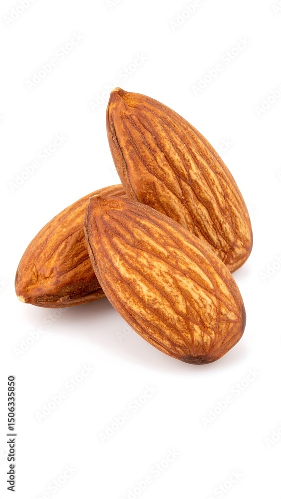 Closeup of delicious roasted almonds on white background with healthy snack food. Closeup of delicious roasted almonds on white background with healthy snack food.