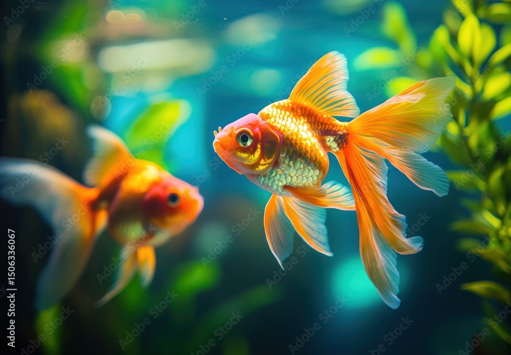 Naklejka premium Goldfish swimming in aquarium with aquatic plants