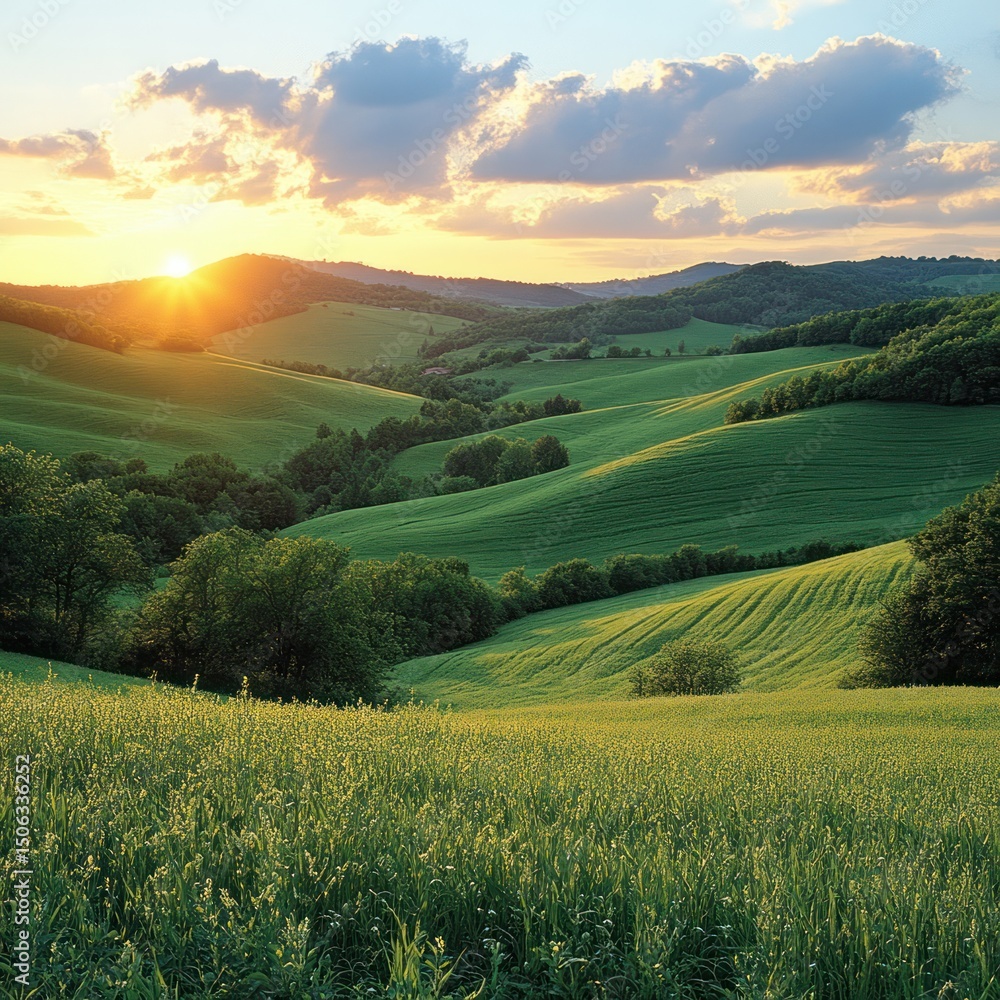 Fototapeta premium Serene Sunset over Rolling Green Hills
