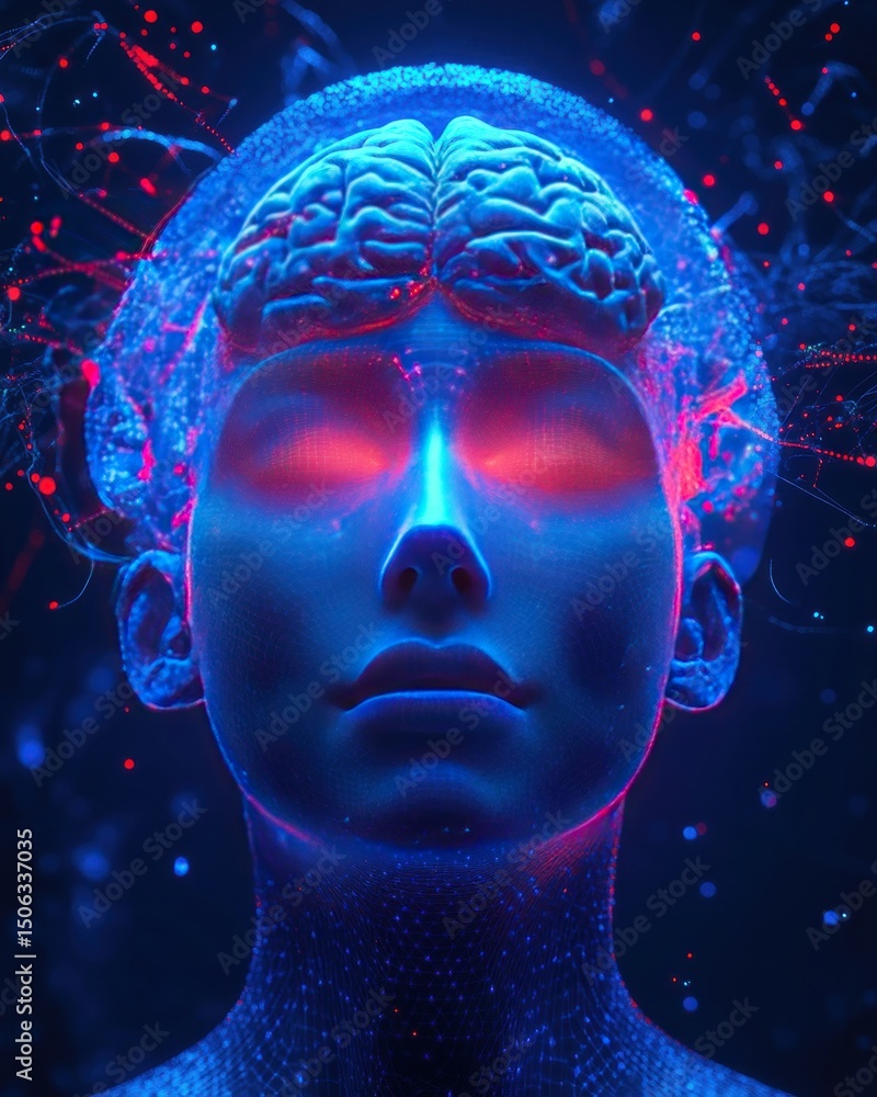 Human head, glowing brain, energy, abstract digital art Human head, glowing brain, energy, abstract digital art