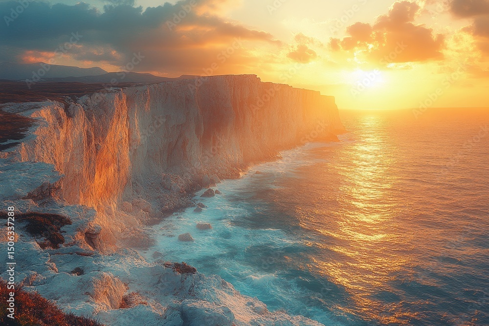 Fototapeta premium Sunset over coastal cliffs, ocean waves, travel poster