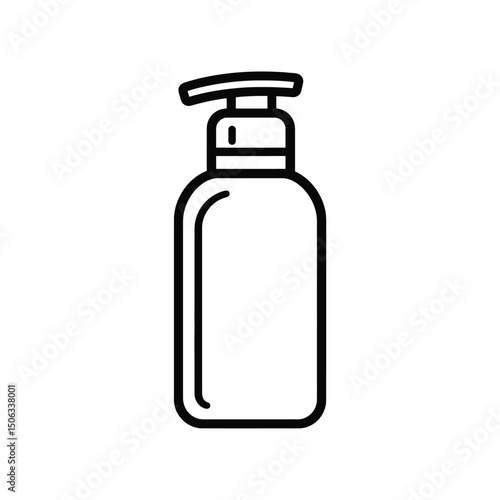 Simple black outline shows hand soap container with a dispensing pump on white