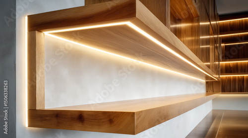 Modern wooden shelf with integrated LED strip lighting, minimal interior design detail