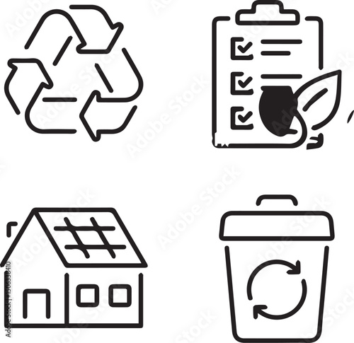 Eco-Friendly Checklist & Sustainable Lifestyle: An array of symbolic line art icons captures essential elements of an eco-conscious lifestyle, featuring recycling symbol, checklist, house.