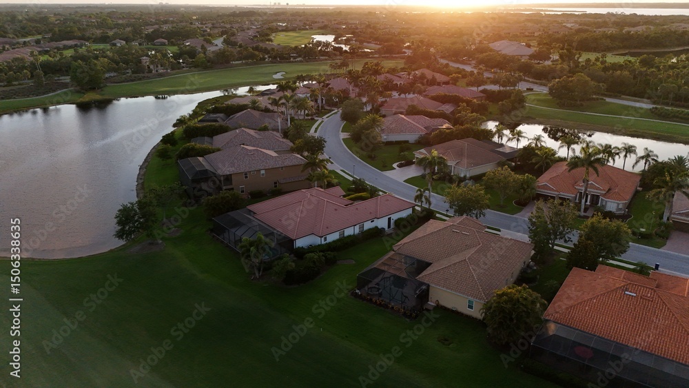 Naklejka premium lush green golfing fairways at sunset in River Strand golf community, Bradenton, Florida