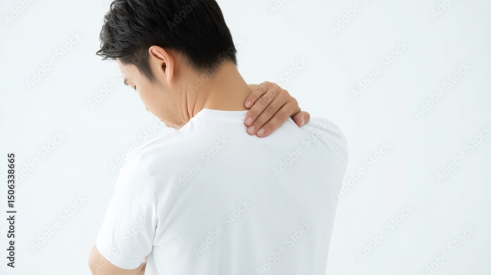 肩こりに悩む40代男性の後ろ姿 肩こりに悩む40代男性の後ろ姿