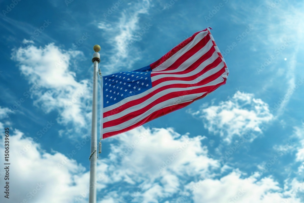 American Flag Waving Proudly Against Blue Sky American Flag Waving Proudly Against Blue Sky