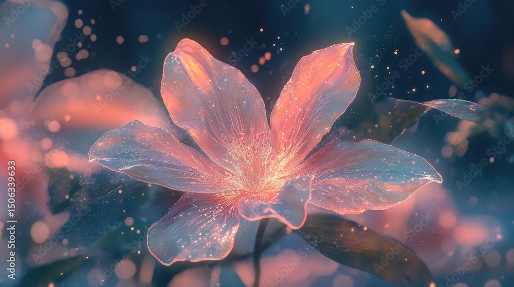 Beautiful ethereal flower with shimmering petals, surrounded by sparkling light effects and a soft dreamy background for nature-inspired designs and artwork Beautiful ethereal flower with shimmering petals, surrounded by sparkling light effects and a soft dreamy background for nature-inspired designs and artwork