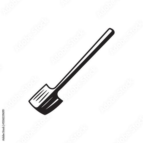 Simple black spadeshaped tool with long handle is isolated on a transparent background