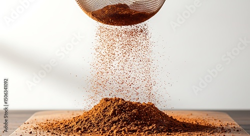 A closeup of cocoa powder being sifted onto a wooden board, placed in an open air kitchen with greenery in the background, soft sunlight and rich texture,  isolated white background