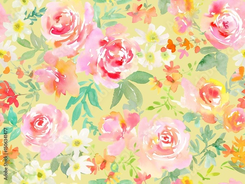 Seamless pattern of abstract pink roses and wild flowers painted in watercolor. Elegant floral wallpaper pattern in watercolor. Hand painted gorgeous botanical pattern for wedding invitations.
