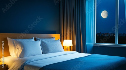 A serene bedroom scene featuring a cozy bed, soft lighting, and a beautiful moonlit view from the window.