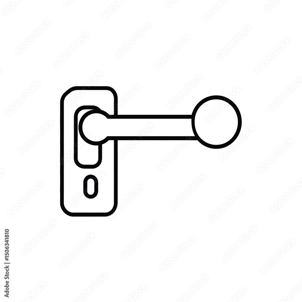 Simple door handle with a latch is outlined in black on white Simple door handle with a latch is outlined in black on white