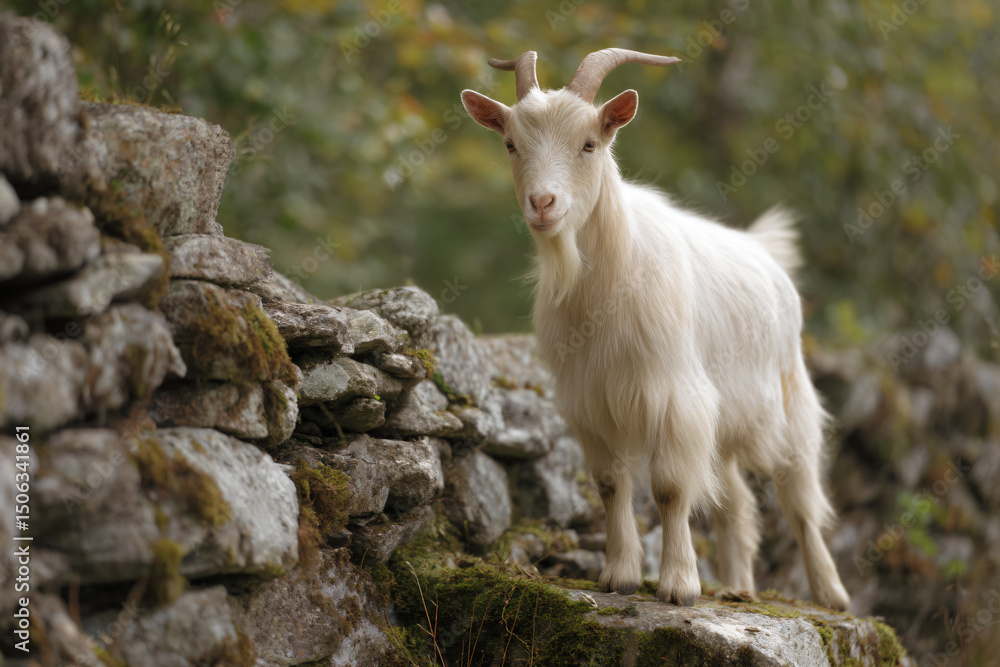 Obraz premium a goat standing on a rock wall in the woods